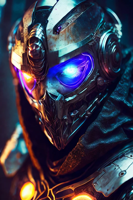 a breathtaking cinematic science fiction photo of a portrait of a grim wrapped in chrome metal skin, body full of glowing metrics inside, glowing multicoloured eyes, multifaceted eyes, metallic arms, inside a destroyed building, an extremely menacing creature, highly detailed, award-winning, photorealistic, 8k, cinematic lighting, dramatic shadows, moody atmosphere, striking composition