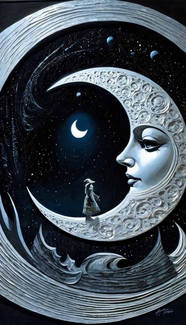 the moon, Artwork inspired by Dave Mckean, intricate details, oil painted