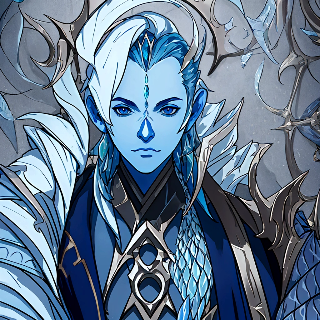 masterpiece, best quality, simple background, portrait, solo, 1man, male, human, blue skin, fish scales