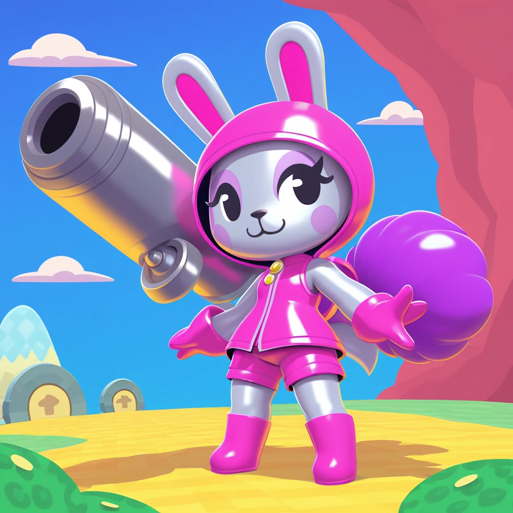 Emperor Ael-Dan with silver metal skin and dressed in a fuchsia bunny armored costume with a half-top and shorts and gloves and holding a rather large cannon by a cave and blue skies in animal crossing art style