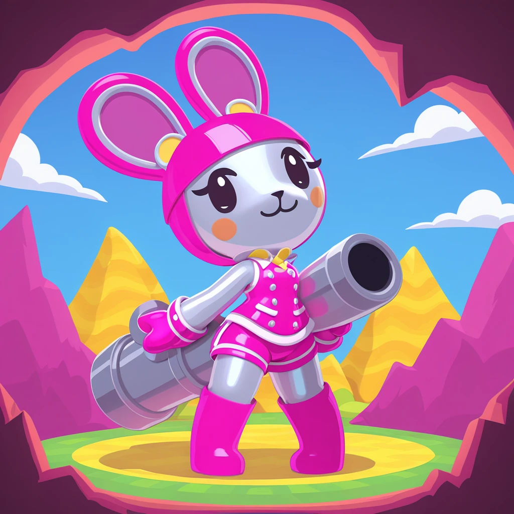 Emperor Ael-Dan with silver metal skin and dressed in a fuchsia bunny armored costume with a half-top and shorts and gloves and holding a rather large cannon by a cave and blue skies  in animal crossing art style