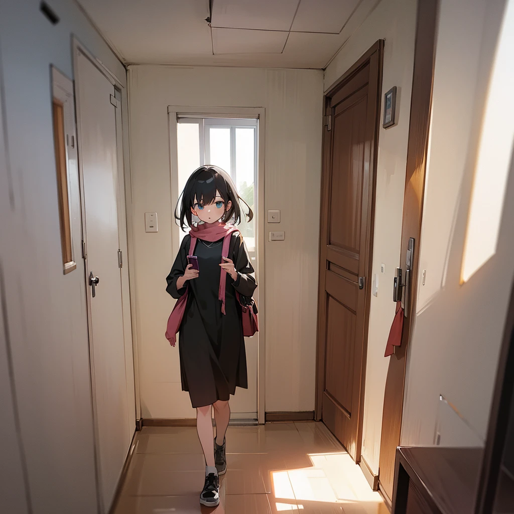 Girl walking with cell phone in her room