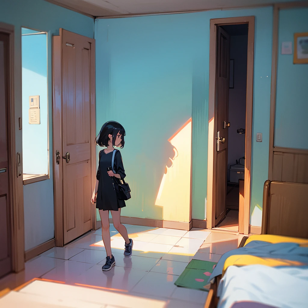 Girl walking with cell phone in her room