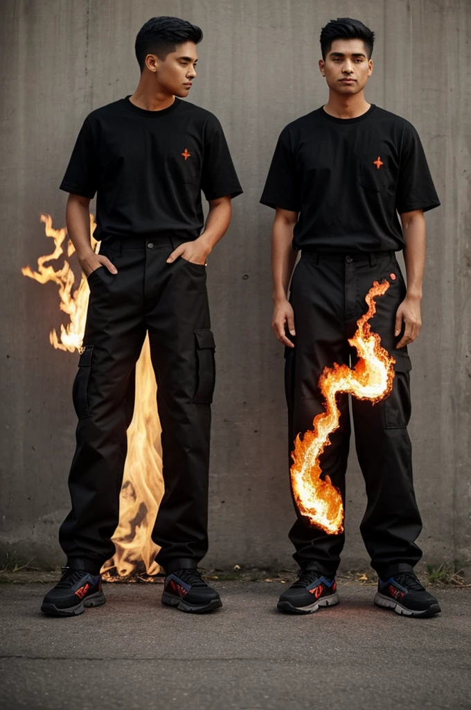 Create a pair of pants with fire and black as the bottom of the pants.
