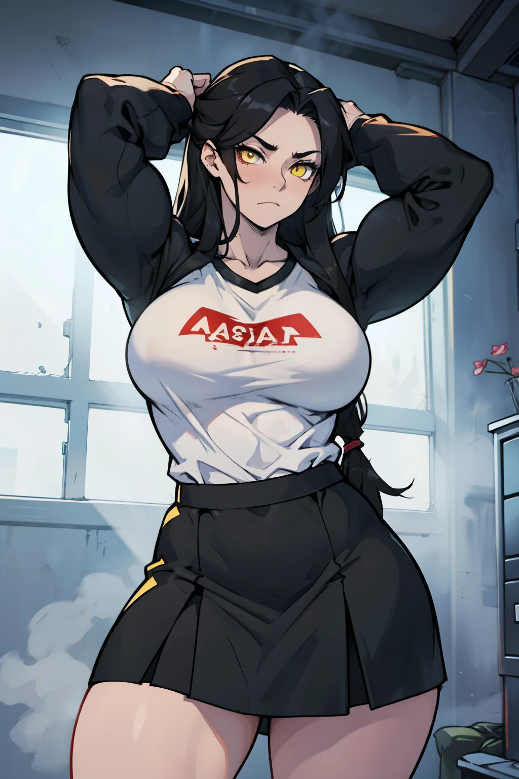 huge muscles huge breasts huge thighs pale skin black hair yellow eyes very long hair muscular girl sad expressionless plated skirt long sleeve long sleeve over-sized t-shirt over-sized t-shirt