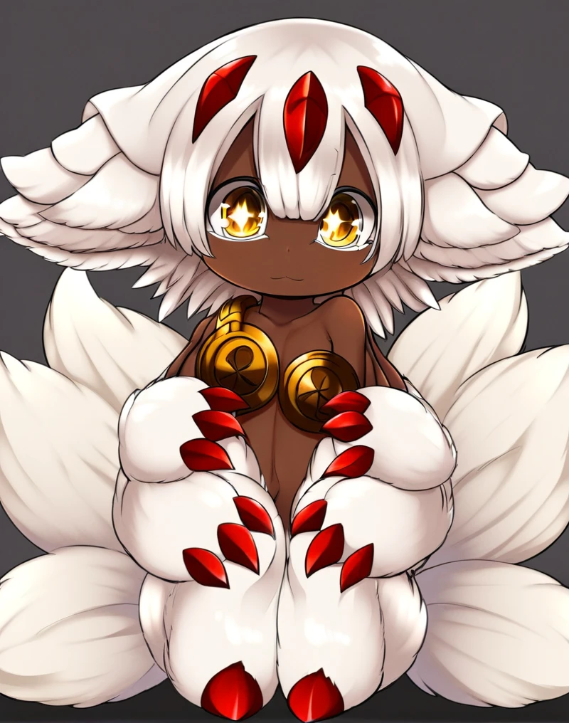 Faputa, 1girl, dark skin, dark-skinned girl, white hair, short hair, ((4arms)), red claws, multiple tails, yellow eyes, white fur, animal ears, ((metal bra)), bottomless, topless, sparkling eyes, tilted head, legs closed, knees together, cute, hands in front of chest
