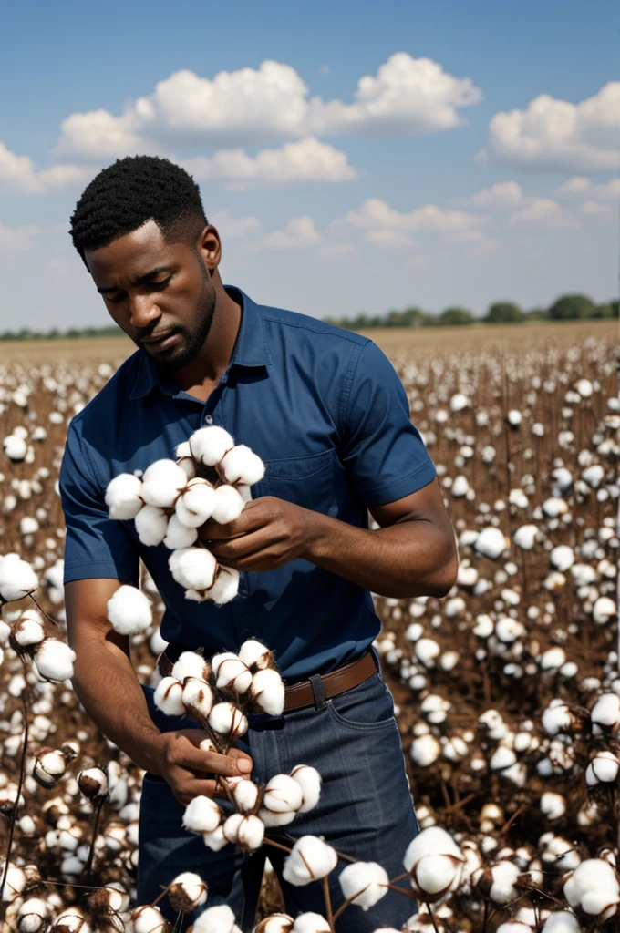 A black man picks cotton in a field