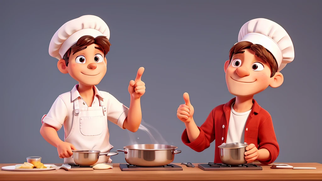 cook with nothing in his hand looking and pointing to the right side, he is dressed as a cook and his clothes are all white with red details and there is no object in his hands or near him, he is alone. I want it to be on an all-white solid color background. Avoid mistakes in the cook's hands and position, he is pointing to the right.
