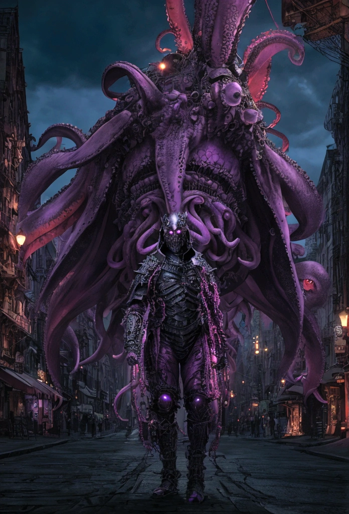(extremely detailed 8k wallpaper), a medium shot photo of scary Grim dressed as a purple octopus-man in an armour made of red glowing wires from marvel, theme, intricate, high detail, dramatic, old scary building with a huge octopus in the background