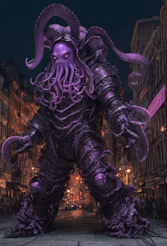 (extremely detailed 8k wallpaper), a medium shot photo of scary Grim dressed as a purple octopus-man in an armour made of red glowing wires from marvel, theme, intricate, high detail, dramatic, old scary building with a huge octopus in the background