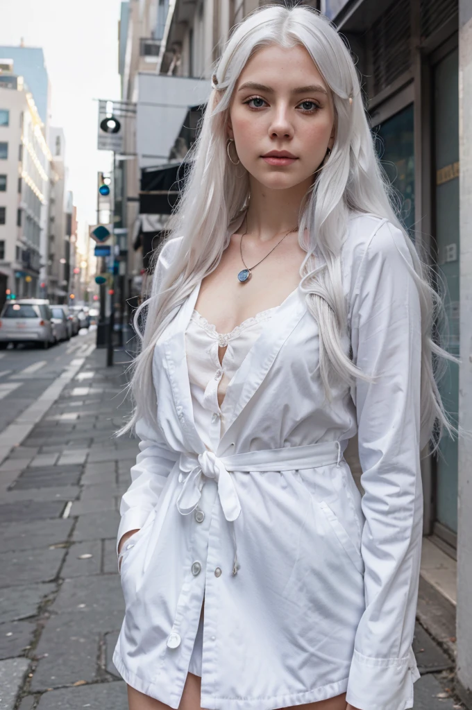 girl with long white hair and blue eyes standing in a city, girl with white hair, girl silver hair, perfect white haired girl, soft portrait shot 8 k, silver hair girl, color photograph portrait 4k, with long white hair, with white long hair, hyperrealistic teen, one girl has white hair, young girl, 8k portrait render, earrings, bracelet, necklace, black glasses, massive tits, cute face, posing, model face