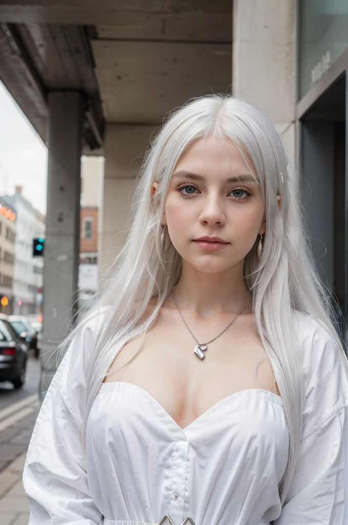 girl with long white hair and blue eyes standing in a city, girl with white hair, girl silver hair, perfect white haired girl, soft portrait shot 8 k, silver hair girl, color photograph portrait 4k, with long white hair, with white long hair, hyperrealistic , one girl has white hair, young girl, 8k portrait render, earrings, bracelet, necklace