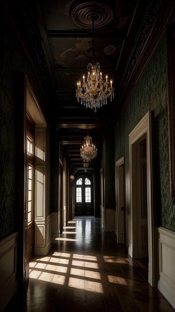 An interior dark hallway of the mansion, with walls covered in faded wallpaper and an antique chandelier hanging from the ceiling. Shadows move at the edges, suggesting a dark supernatural presence.