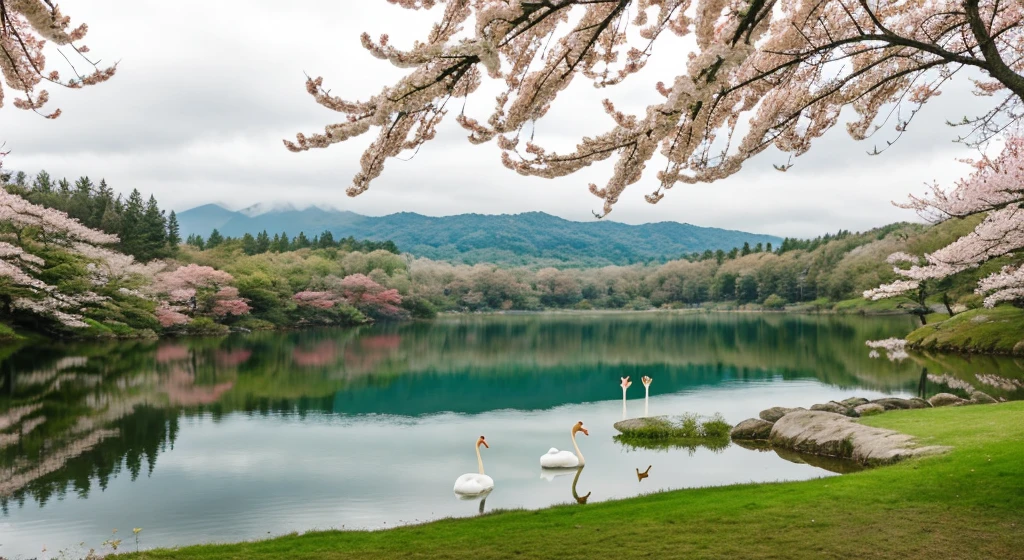 ((Best Quality)), forest/ cottagecore park next to a lake with swans and many flowers in ( horizontal image) that you can see more grass and the lake from afar THAT there are swans that there is more grass ahead, and BEHIND is the lake and swans, a little more grass ahead, very good, now I want swans on the lake, INCREDIBLE very good, now I want pretty flowers Japanese flowers ok, now the swans on the lake The lake is red make it normal and swans with Japanese flowers put a cloudy weather that looks like a park I want this background to place my models in front and the lake with swans in the back, with pink Japanese flowers pink sakura
