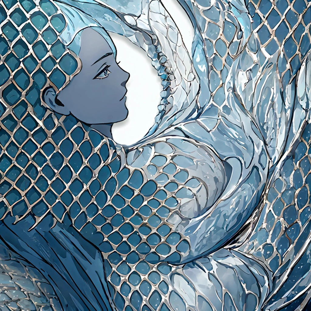 masterpiece, best quality, simple background, portrait, solo, 1man, human, fish scales