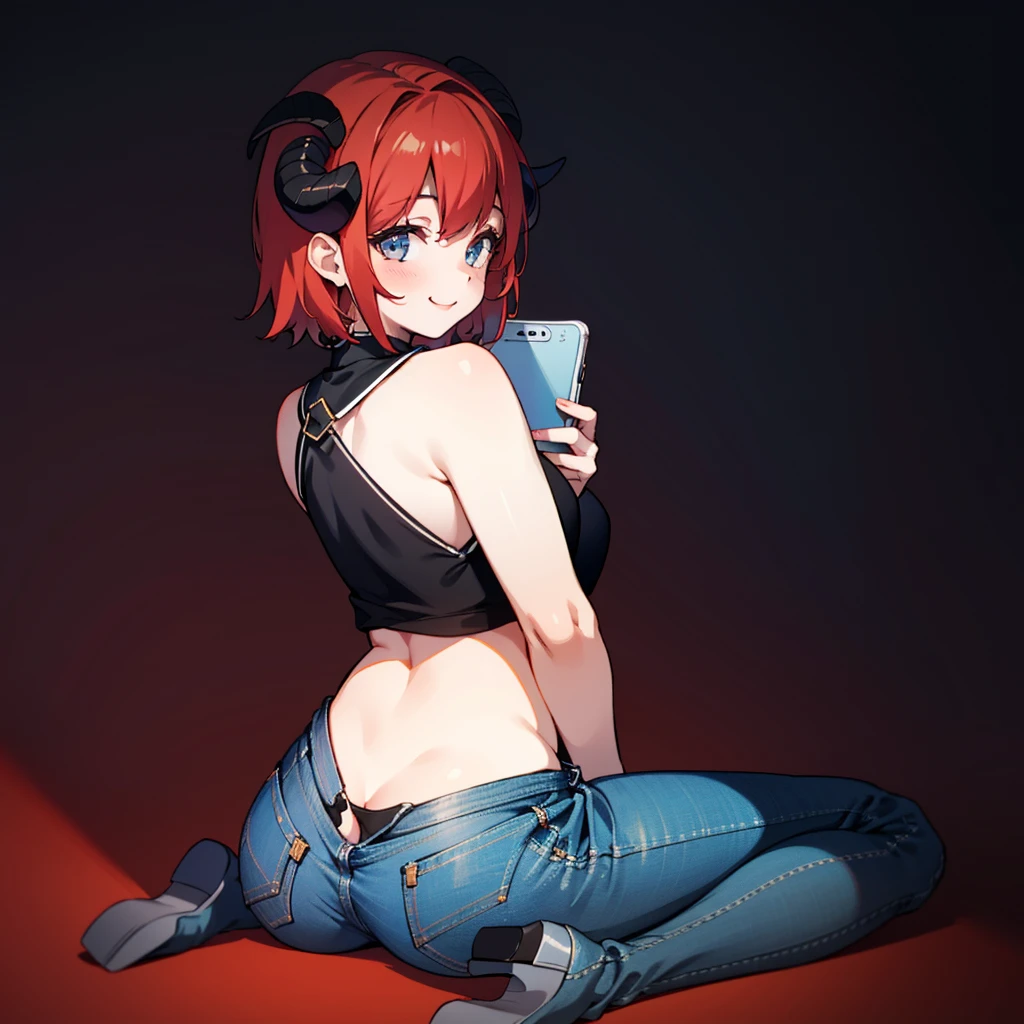 1girl, solo, breasts, looking at viewer, smile, short hair, simple background, thighhighs, white background, holding, sitting, underwear, panties, monochrome,horns, shorts, looking back, from behind, crop top, short shorts, wariza, phone, cellphone, denim, smartphone, thong, holding phone, denim shorts, selfie, curled horns,simple colored,((red hair)),black and white striped pantyhose, black horns ,Nature,kawaii