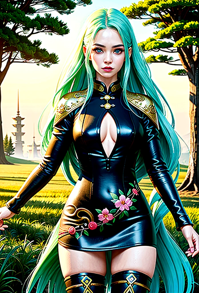 high details, best quality, 16k, [ultra detailed], masterpiece, best quality, (extremely detailed), full body, ultra wide shot, photorealistic, fantasy art, dnd art, rpg art, realistic art, an ultra wide picture of a exotic, exquisite beautiful woman wearing ((black Cheongsam with lively vivid flowers, the flowers grow from the Cheongsam to be alive : 1.5), she wears, (knee high laces heel boots: 1.2), (light green hair: 1.2), long hair, wavy hair, pale skin, (deep blue eyes, Intense gaze: 1.2), fantasy druid grove background, fantasy druid grove background, high details, best quality, highres, ultra wide angle