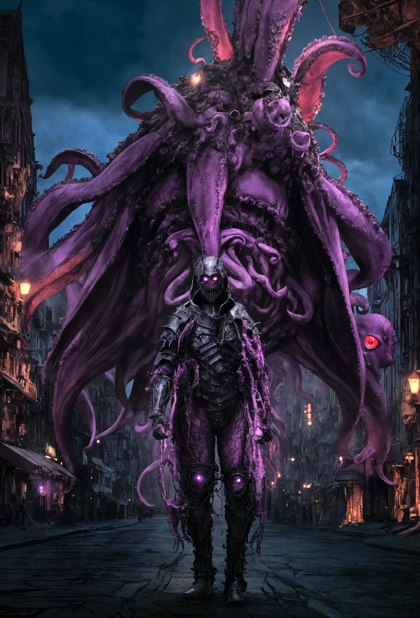  
(extremely detailed 8k wallpaper), a medium shot photo of scary  Grim dressed as a purple octopus-man in an armour made of red glowing wires from marvel, theme, intricate, high detail, dramatic, old scary building  with a huge octopus in the background 