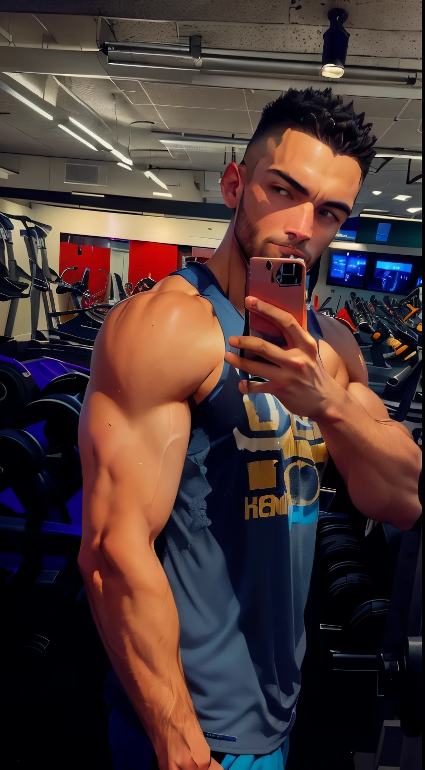 there is a man taking a picture of himself in the mirror, working outside, in a gym, suitable photo, mid shot of a handsome guy, shoulders can be seen, in a planet fitness, Super strong and cool, torn open, showing biceps, wearing a low-cut tank top, bursting with muscles, Liam Brazier e Nielly, shoulders up, muscles