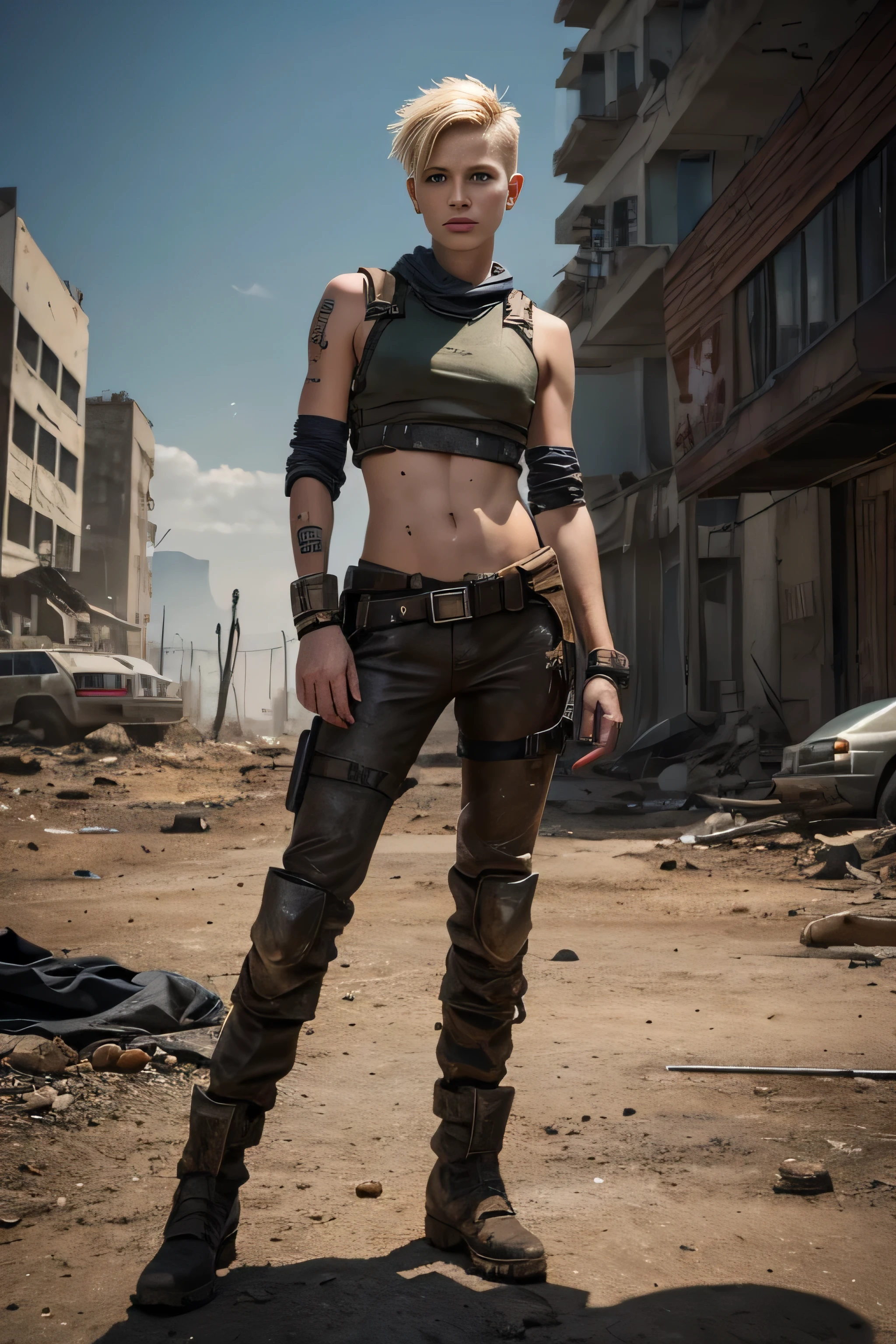 masterpiece, portrait of a beautiful -yeld Ruan girl in a post-apocalyptic desert, Punk blonde with short hair, shaved on the sides, grey-blue eyes, very pale skin, highly detailed skin, Cool face, Tense face, Dramatic face, Hard Face, wearing dirty white military pants, wear a white and gray military scarf, wear a winter camouflage military vest in gray and white, wear punk style jewelry, Viking tattoos on skin, Cool Girl, The Killer Girl, Wild Girl, postapocalyptic style, RAW, dramatic lighting, threatening the Scandinavian skies, 8 k, Ultra high resolution.Photorealistic, uhd, First phase of XF IQ4, 150 MP, post-apocalyptic desert arid landscape in the background, dirt, dust, rumbles, wreckage, action pose, (Mad Max movie atmosphere:1.2)