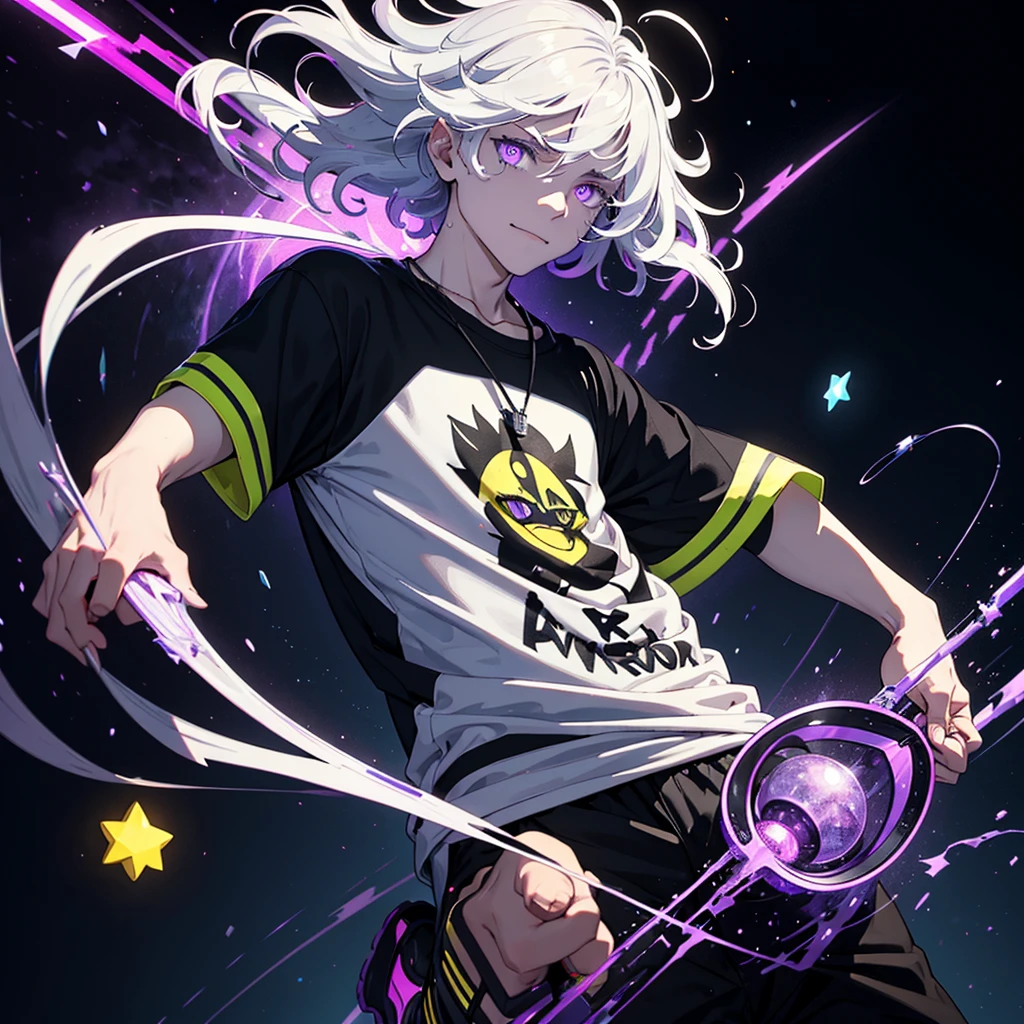 A Boy With Medium-Length Straight White Hair at Neck Length, He has violet eyes with a white circle in the iris, for clothes he wears a wide white t-shirt with another underneath in black with yellow stripes, with Violet Pants with Lightning Details. Stylish Black Sneakers and an Eye Necklace. and also he has a strong red eyeliner on his eyes and a black line on his throat with some ripples and a yellow 4-sided star in the center of it.. He has a cold and serious personality with a more triangular and mature face.. He is smiling and walking in a dimension with shades of Neon Purple. And holding a black bucaco in his hands while staring violently. The atmosphere is very dark.