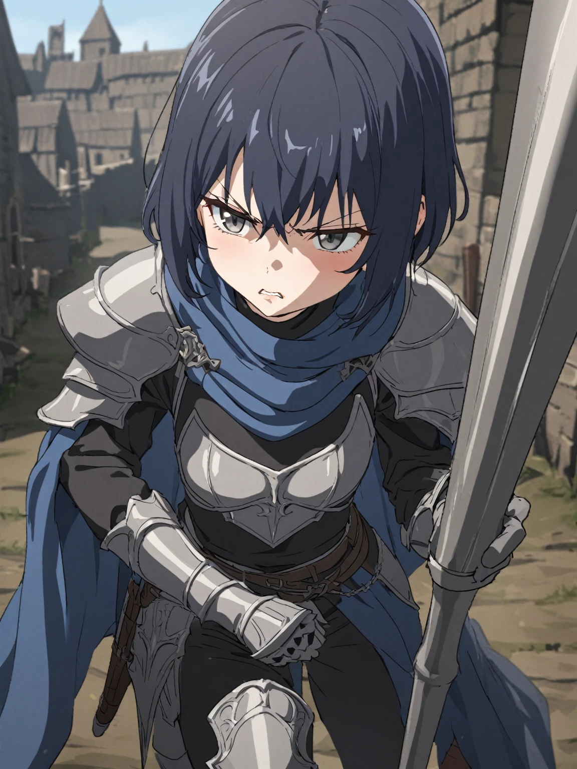 {{upper body}} {{Artist: sincos}} 1girl, solo, small breasts, cowboy shot, intricate detail, dark blue hair, very short hair, grey eyes, gloves greaves, armor, scowl, holding lance, lance, blue scarf, black undershirt, angry, parted lips, long sleeves, long pants, black pants, waist cape, lips, adult woman, pov, medieval fantasy.