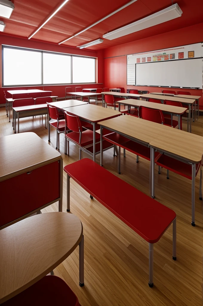 Generates a 30x30 classroom with red walls and white wooden benches seen from a medium perspective 