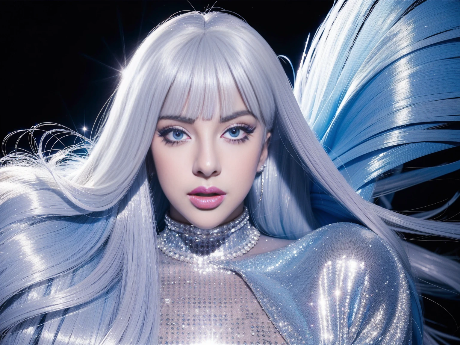 Lady Gaga fashion makeup closeup drag queen face giant fabulous dark blonde high straight wig backlight hyper detailed head portrait silver sequin outfit singing holding blue glitter ball [white piano] full body
