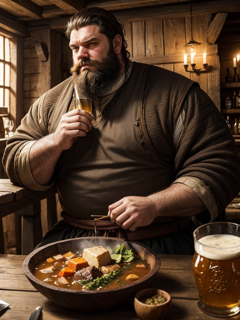 a huge man, tall and thick. His thick beard hides his sullen face. He has an intense look and wears medieval-style traveling clothes.. He is sitting at the table in a medieval tavern built of wood. On the table you see a large bowl with a stew and a pint of beer. 