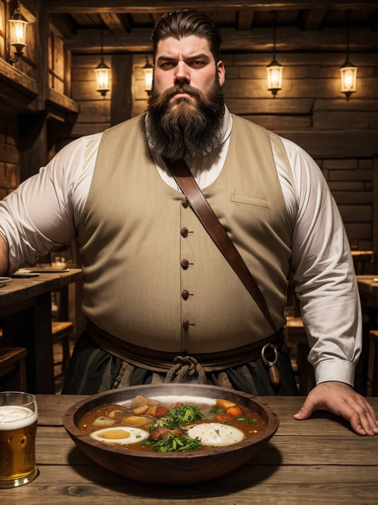 a huge man, tall and thick. His thick beard hides his sullen face. He has an intense look and wears medieval-style traveling clothes.. He is sitting at the table in a medieval tavern built of wood. On the table you see a large bowl with a stew and a pint of beer. 