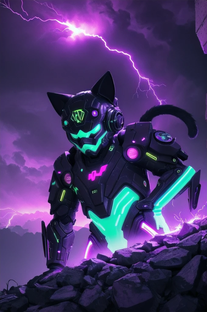 Blacklight paint: An image of a Dark-Black electric female Cat,A whole body,otherworldly,with intricate neon patterns on its fur. Surreal atmosphere,Gloomy night with lightning streaking the sky,flickering,glow,against the background of a dark urban silhouette in the distance,Fluorescent pigments,vibrant and surreal colors,ethereal glow,otherworldly effects,Aggressive,threatening look,neon aesthetics,transformative in ultraviolet light,contemporary and experimental. YOW:0,0,glowneon,glowing,sparks,lightning,Cyberpunk,