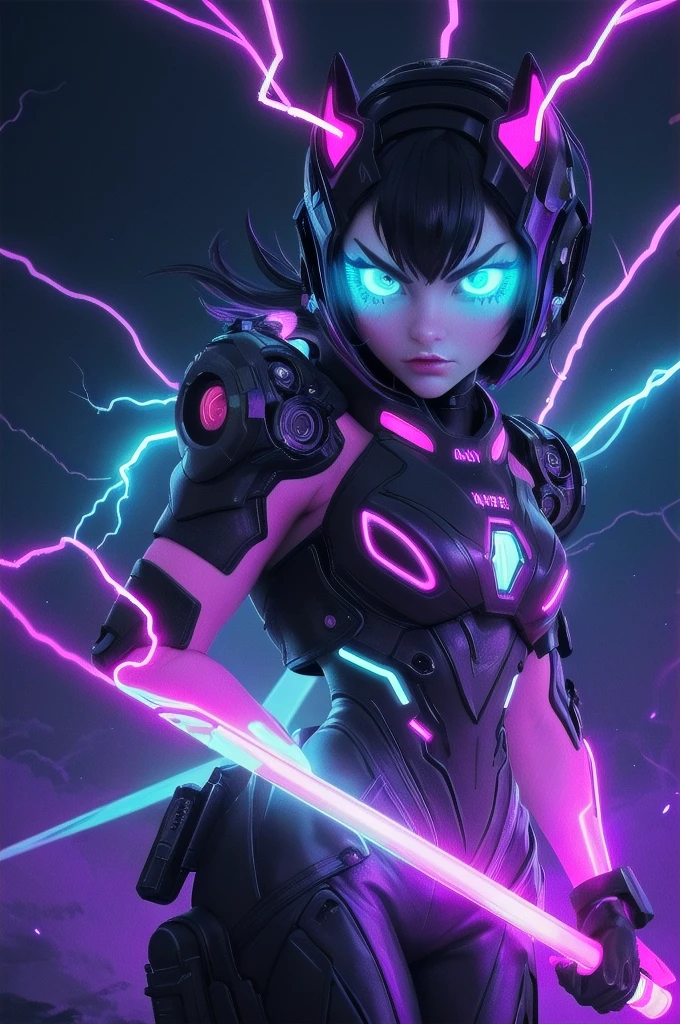 Blacklight paint: An image of a Dark-Black electric female Cat,A whole body,otherworldly,with intricate neon patterns on its fur. Surreal atmosphere,Gloomy night with lightning streaking the sky,flickering,glow,against the background of a dark urban silhouette in the distance,Fluorescent pigments,vibrant and surreal colors,ethereal glow,otherworldly effects,Aggressive,threatening look,neon aesthetics,transformative in ultraviolet light,contemporary and experimental. YOW:0,0,glowneon,glowing,sparks,lightning,Cyberpunk,