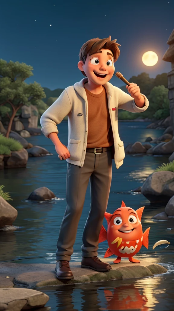  John e peter estão sentados à beira de um rio, your fishing rods in the water.

 The full moon lights up the night. John: say hey, peter, Do you know which fish fell into the wall and got hurt??

peter: anguish, John?John: Oh, that&#39;s right!

peter ri.peter: good! Now, it&#39;s my turn. anguish é o peixe que faz a gente rir?John: Humph... I don&#39;t know. 

anguish?peter: The funny guy! John ri alto. John: This was good, peter. 

bet, and this? Why fish don&#39;t like watching television?peter: no faço ideia. Why?John: Because it only has channels![They both laugh.]peter: That was great! I have another. 

Do you know which fish is worthless??John: no. anguish é?peter: The ball fish, because it only fills up and is worthless! They keep laughing, the night advances, and the jokes and laughter echo along the riverbank.

