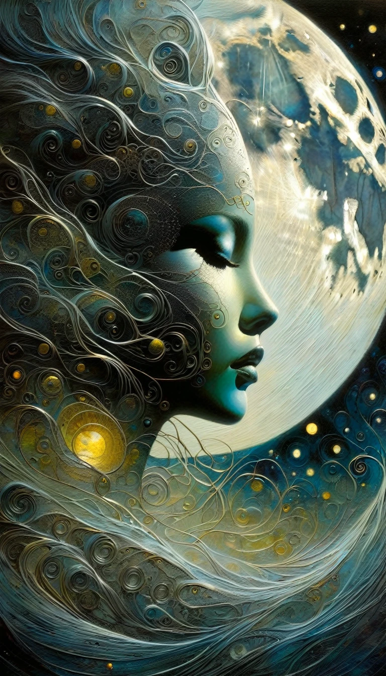 the moon, Artwork inspired by Dave Mckean, intricate details, oil painted
