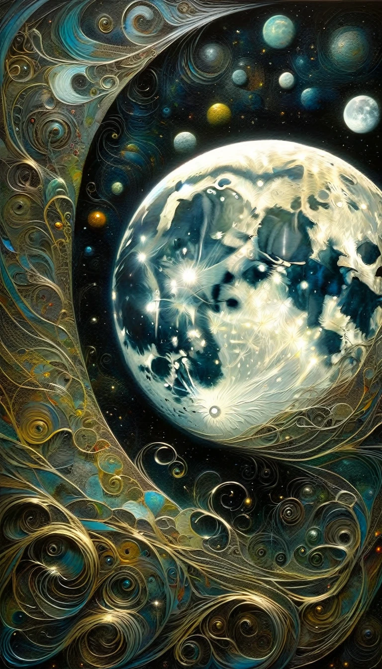 the moon, Artwork inspired by Dave Mckean, intricate details, oil painted