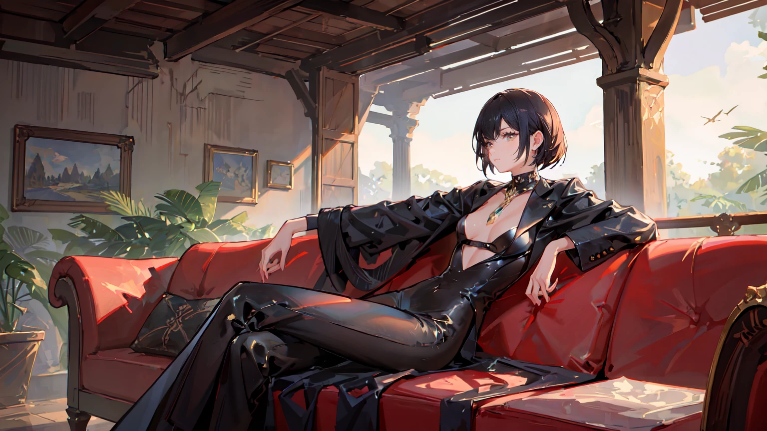 (Masterpiece, Best Quality, Ultra High Resolution , Digital Art,Beautiful and Aesthetic ) . ( One Fashionable adult girl with a short oblique bob, slender figure, expressive and dominating look ) in modern men's suit in youth style , matte black color , lovely thin white but long tie , (silk thick threads of red color connect the necklines on the sides of the whole suit) , . The character sits on a large massive sofa with lots of leather and metal patterns on it in vintage style , an interesting and atmospheric pose that characterizes the character , .