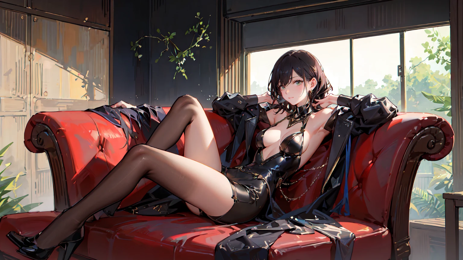 (Masterpiece, Best Quality, Ultra High Resolution , Digital Art,Beautiful and Aesthetic ) . ( One Fashionable adult girl with a short oblique bob, slender figure, expressive and dominating look ) in modern men's suit in youth style , matte black color , lovely thin white but long tie , (silk thick threads of red color connect the necklines on the sides of the whole suit) , . The character sits on a large massive sofa with lots of leather and metal patterns on it in vintage style , an interesting and atmospheric pose that characterizes the character , .