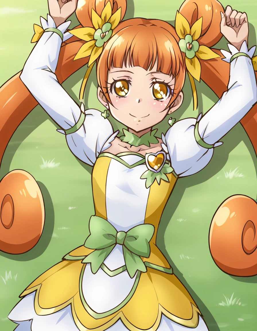  curerosetta, shiny skin,  high quality, solo, lying, on back, arms up, spread arms, closed mouth, on grass, cowboy shot, looking at viewer, nervous, smile, best quality, 