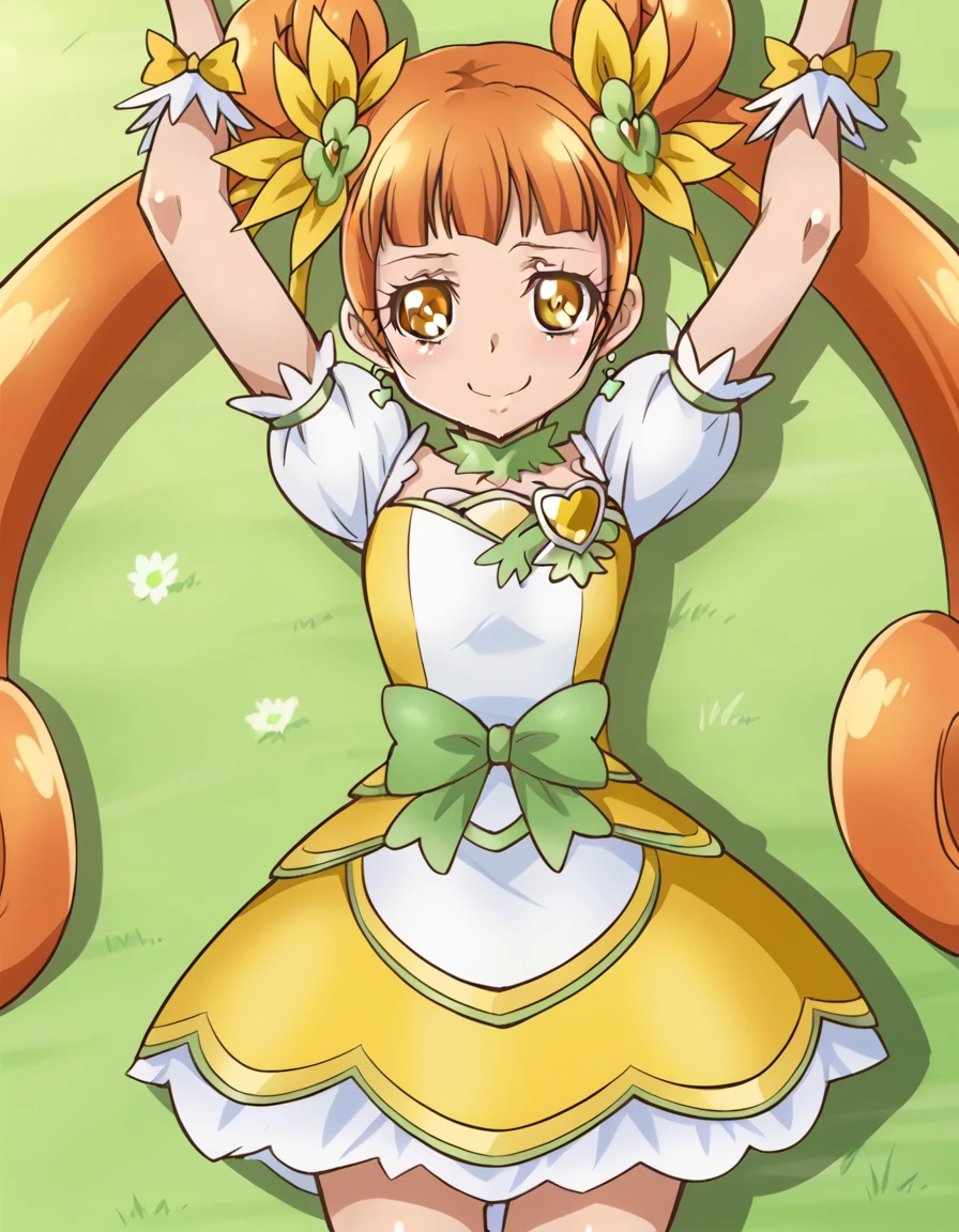 curerosetta, shiny skin, high quality, solo, lying, on back, arms up, spread arms, closed mouth, on grass, cowboy shot, looking at viewer, nervous, smile, best quality,