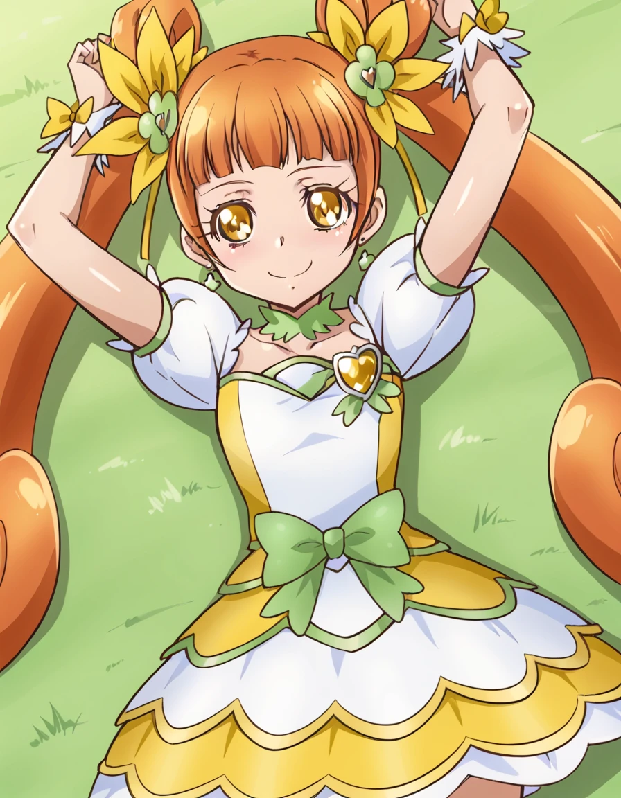 curerosetta, shiny skin, high quality, solo, lying, on back, arms up, spread arms, closed mouth, on grass, cowboy shot, looking at viewer, nervous, smile, best quality,