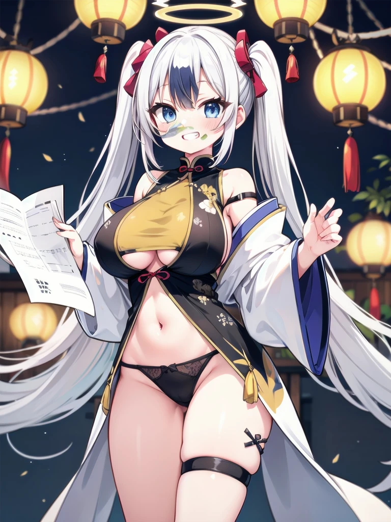 a very feminine japanese anime girl in some very provocative undies, 1girl, solo, breasts, stomach, smile, navel, twintails, long hair, thigh strap, blue eyes, looking at viewer, bare shoulders, long sleeves, grin, open clothes, underboob, huge breasts, paper lantern, thighs, panties, off shoulder, white hair, lantern, chinese clothes, halo, floral print, underwear, very long hair, cup, sleeveless, standing, black panties, string panties