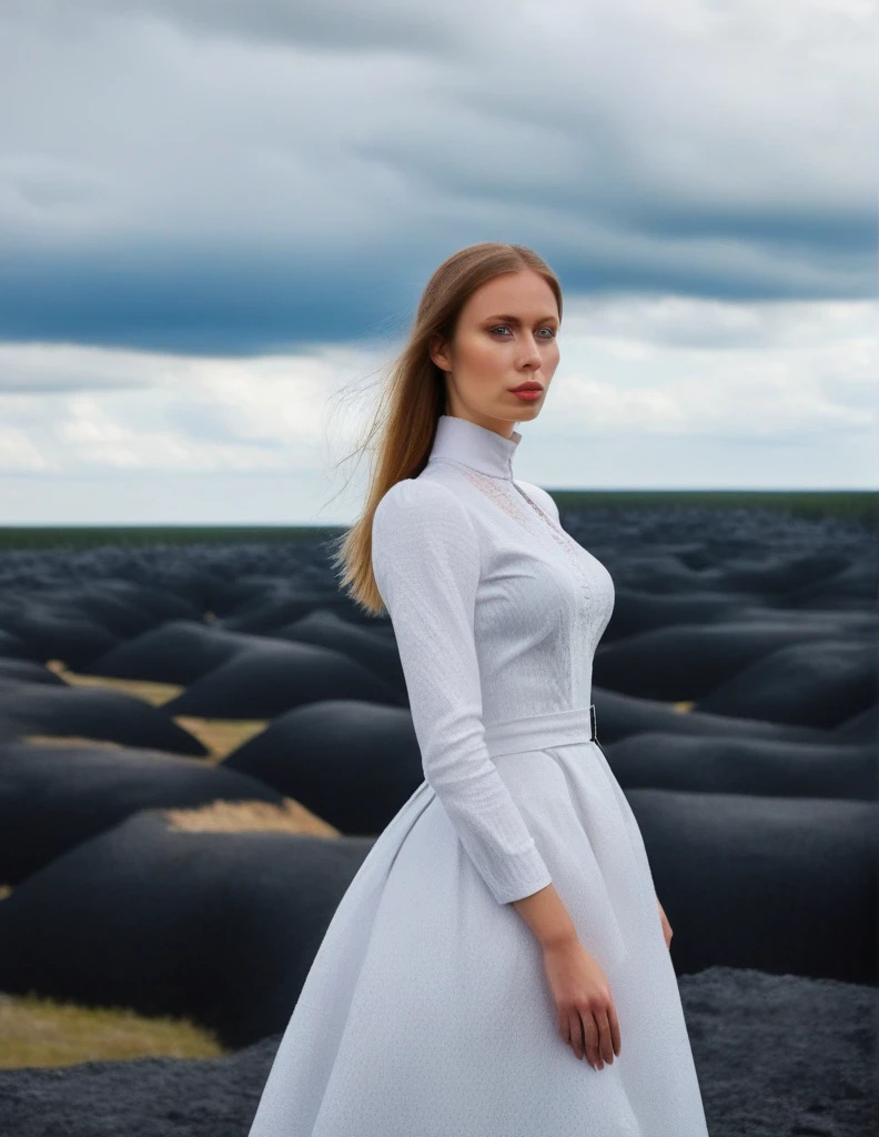 Estonia,  a young beautiful woman at a peculiar landscape