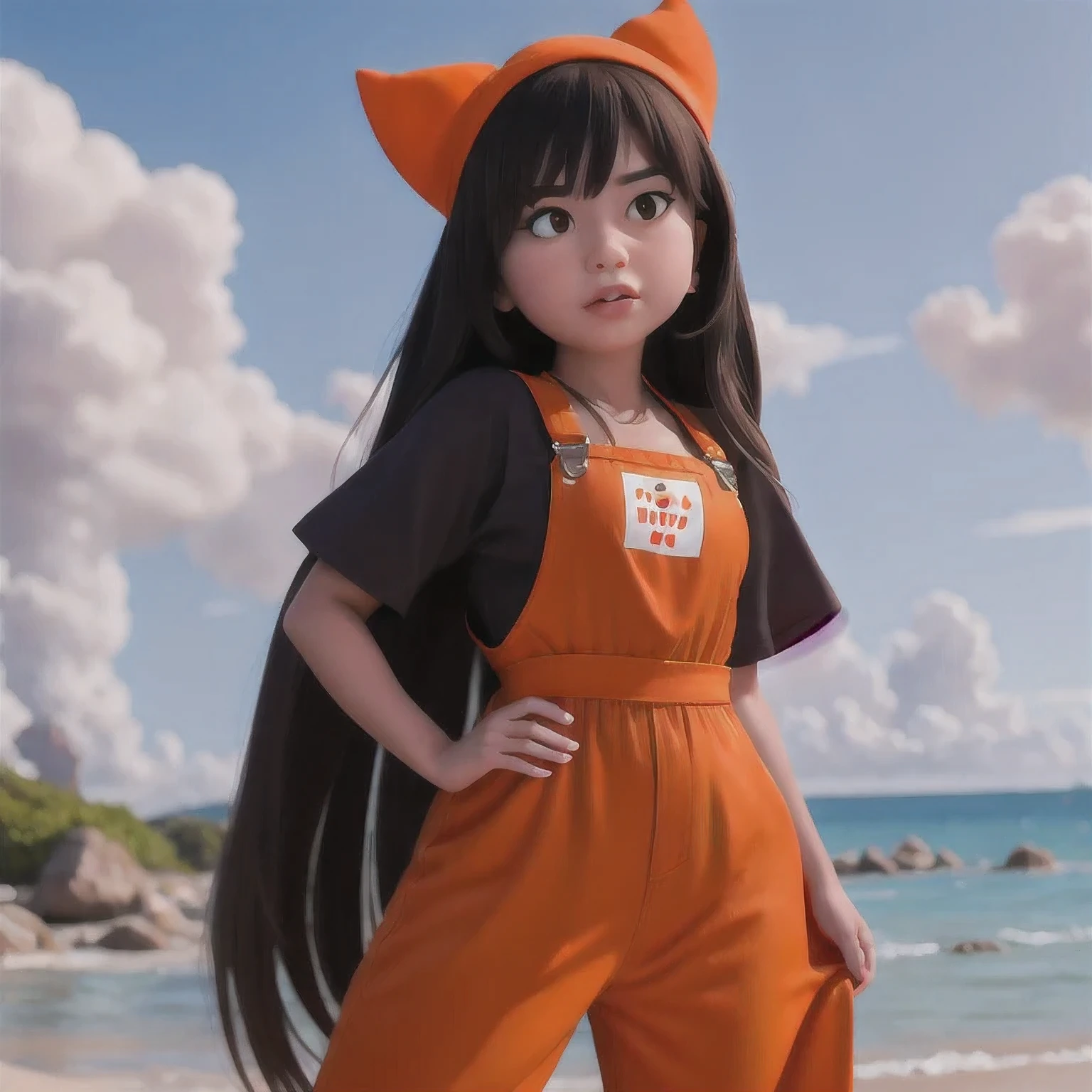 arafed girl standing on a beach with an orange overall, orange jumpsuit, overalls, wearing an orange jumpsuit, official product image, wearing overalls, orange halter top, artist wearing overalls, wearing an orange t-shirt, wearing orange sundress, wearing orange prison jumpsuit, neck zoomed in, wearing an orange t shirt, cute girl wearing tank suit