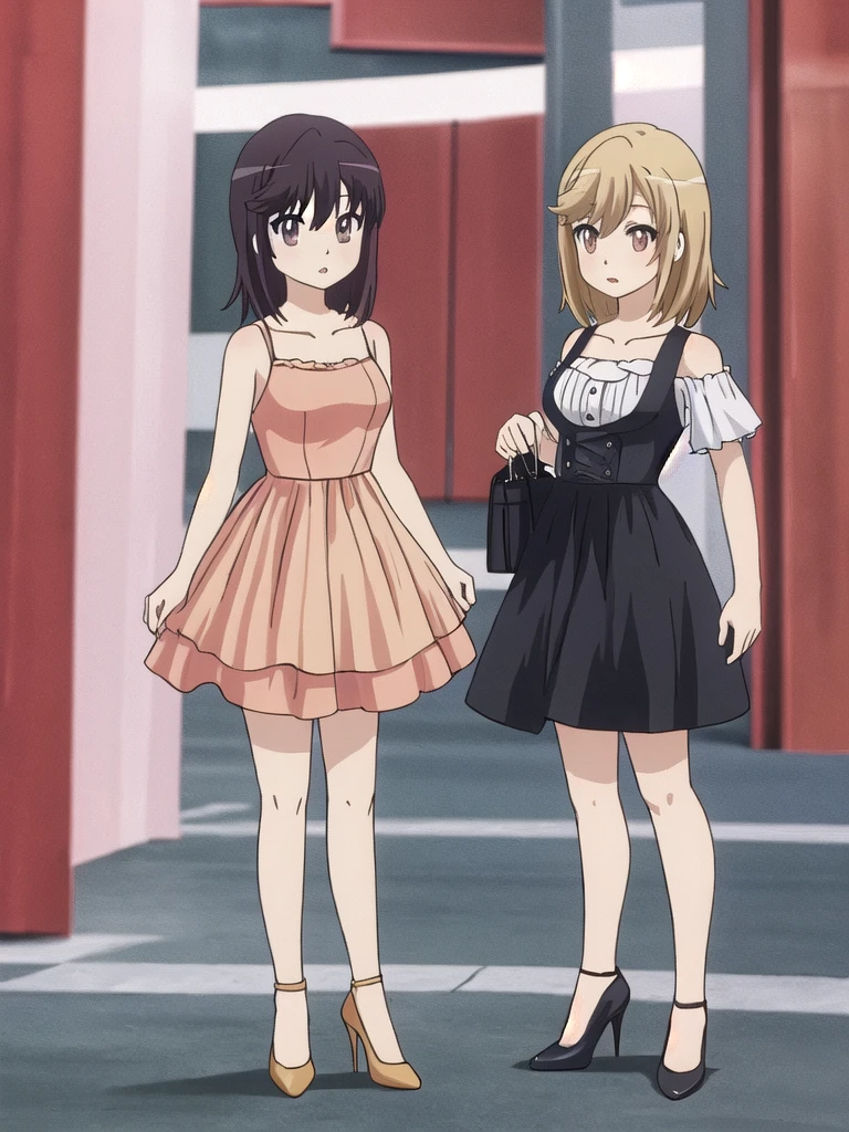 Anime style, {{7 life height}}, {{standing portrait}}, full body, woman around 30, adult woman, one woman, one adult woman, young woman, standard breasts, medium breasts, normal breasts, {{medium hair}}, shoulder length hair, {{beige blonde hair}}, large eyes, cute eyes, {{brown eyes}}, {{tare eyes}}, hostess dress, random color fashion coordination, stockings, high heels, masterpiece, high quality, high quality, Bad anatomy, reddish purple with plain background