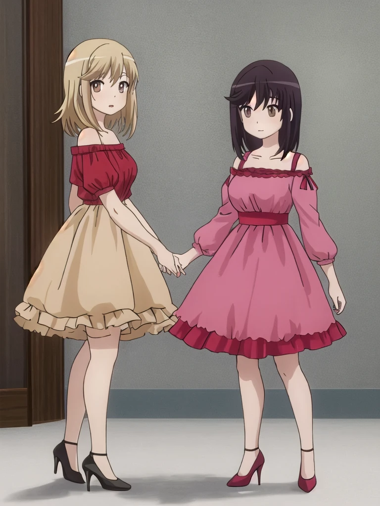 Anime style, {{7 life height}}, {{standing portrait}}, full body, woman around 30, adult woman, one woman, one adult woman, young woman, standard breasts, medium breasts, normal breasts, {{medium hair}}, shoulder length hair, {{beige blonde hair}}, large eyes, cute eyes, {{brown eyes}}, {{tare eyes}}, hostess dress, random color fashion coordination, stockings, high heels, masterpiece, high quality, high quality, Bad anatomy, reddish purple with plain background