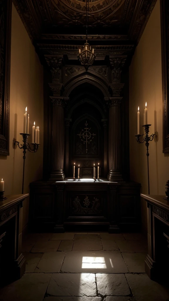 Ritual in the Hidden Room: A secret room hidden in the mansion's basements, lit by flickering candles. In the center, an ancient altar with strange symbols engraved on it, where shadows dance around a hooded figure.