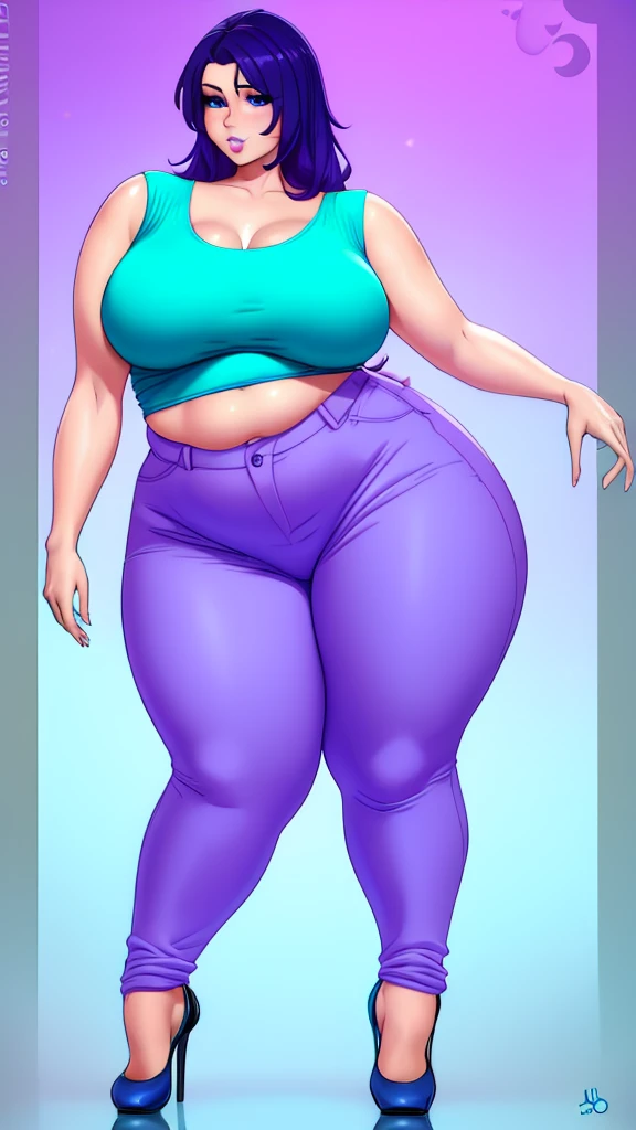 an overweight girl big chest sexy beautiful tenderness long soft wavy purple hair her light blue eye bright pink lip she wears a suit short blue button top sexy curve and her pants Big jeans sexy thigh black heels