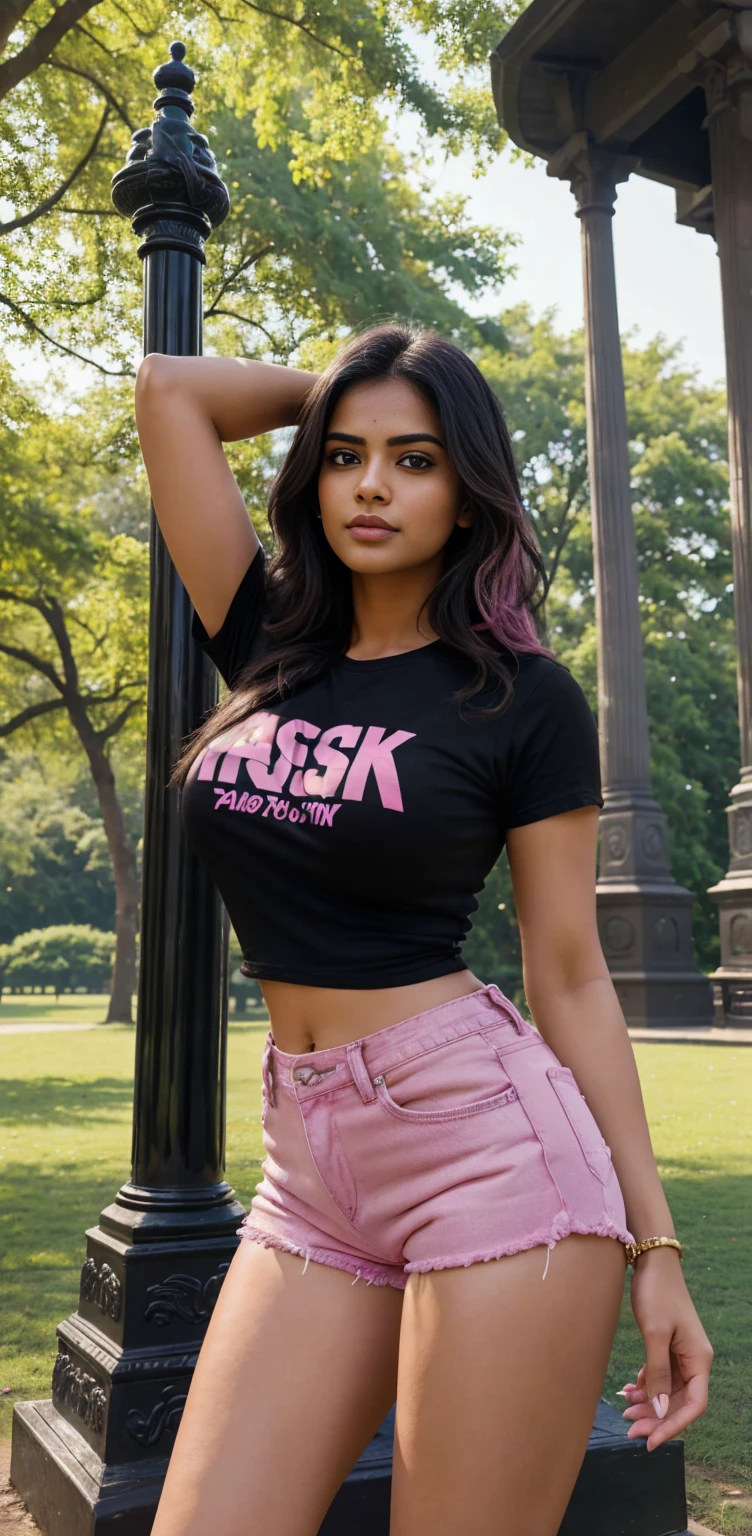 A photorealistic portrait of a 30-year-old Indian woman with big-sized breasts, wearing black t shirts with pink denim shorts,((wearing black t shirt with pink denim shorts)),sexy legs,She giving very adult seductive poses in park behind naked man big cock statue (dick statue), ((big cock statue in park)),captured in close up  full-body shot, 8k resolution, with high detail and quality.