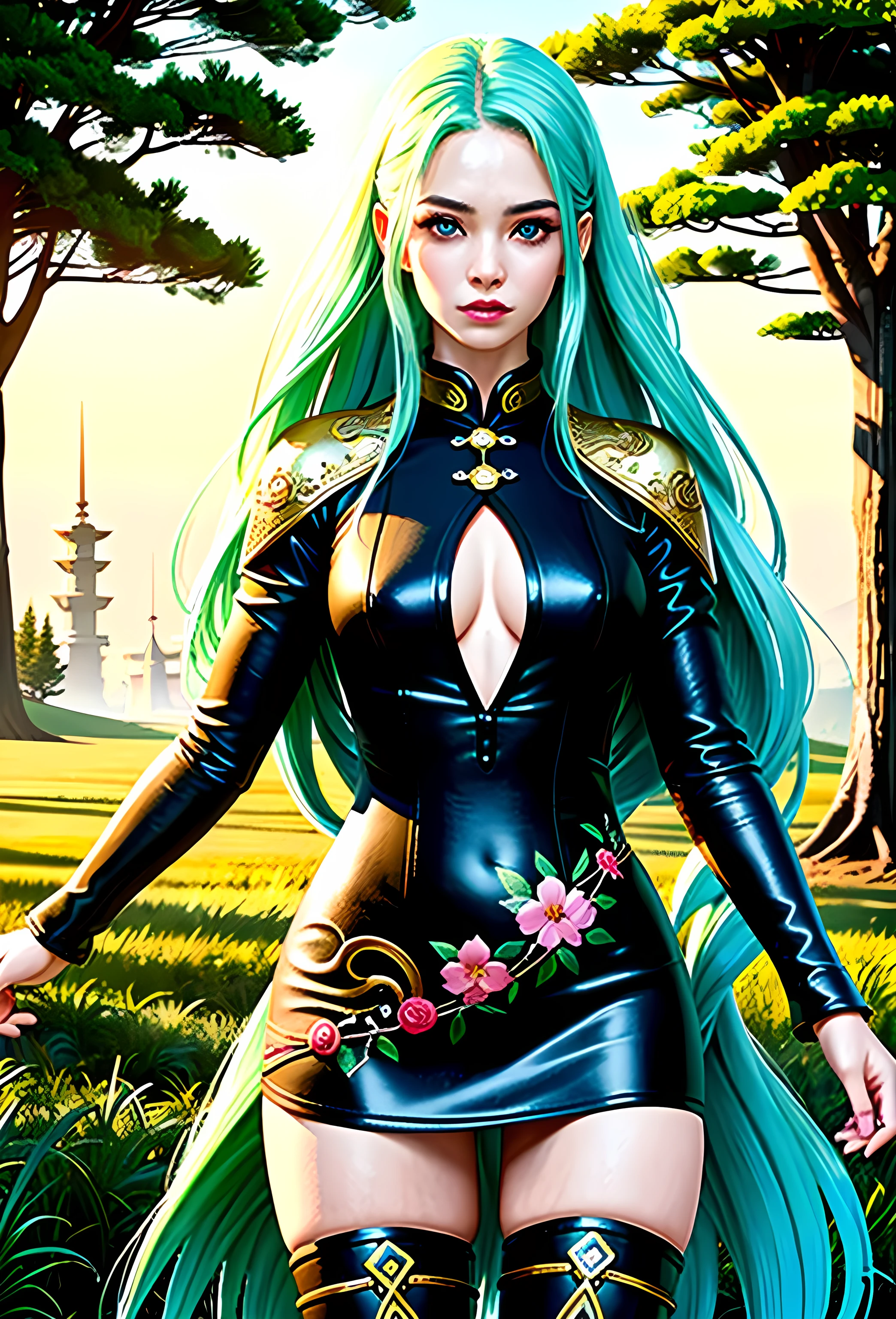high details, best quality, 16k, [ultra detailed], masterpiece, best quality, (extremely detailed), full body, ultra wide shot, photorealistic, fantasy art, dnd art, rpg art, realistic art, an ultra wide picture of a exotic, exquisite beautiful woman wearing ((black Cheongsam with lively vivid flowers, the flowers grow from the Cheongsam to be alive : 1.5), she wears, (knee high laces heel boots: 1.2), (light green hair: 1.2), long hair, wavy hair, pale skin, (deep blue eyes, Intense gaze: 1.2), fantasy druid grove background, fantasy druid grove background, high details, best quality, highres, ultra wide angle