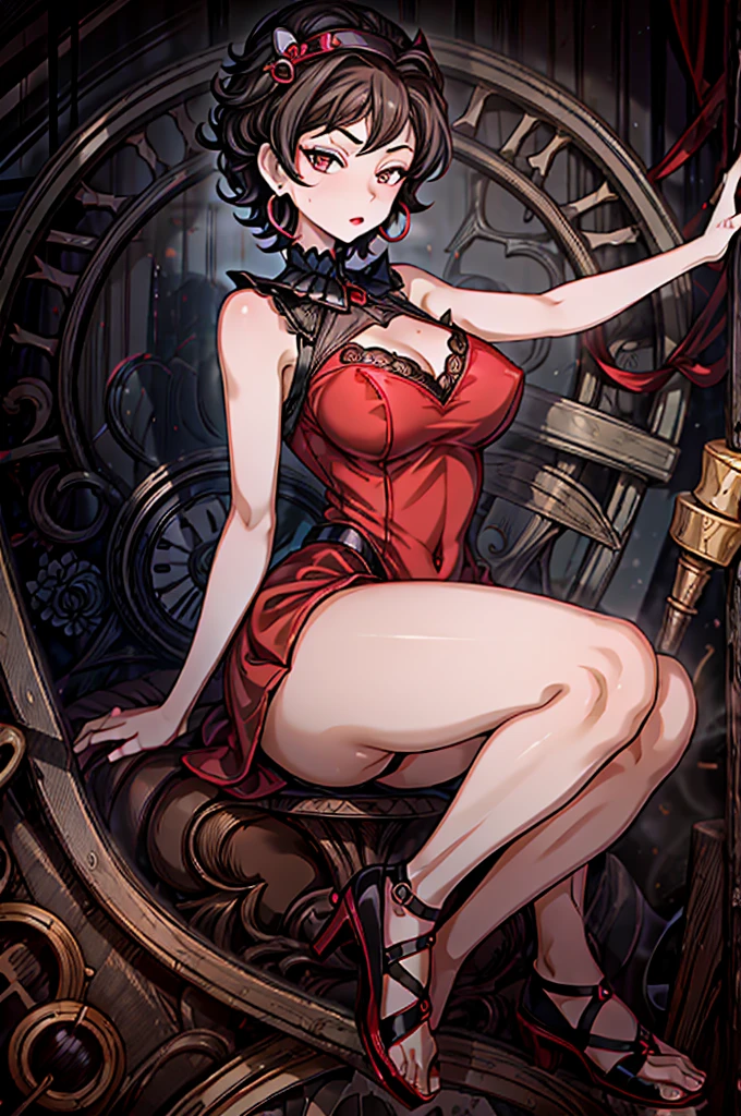 (8K HDR photorealistic pic), Betty Boop, short, althetic, curvy lady, ((tight little red dress)), dark eyebrows, black lipstick, (hoop earrings), dark eyeshadow, black lipstick, curvy, busty, (curly short black hair), shortstack, (retroussé breasts), darling figure, (supple pouting breasts), firm thighs, hourglass figure, kerchief, big brown eyes, dancing seductively